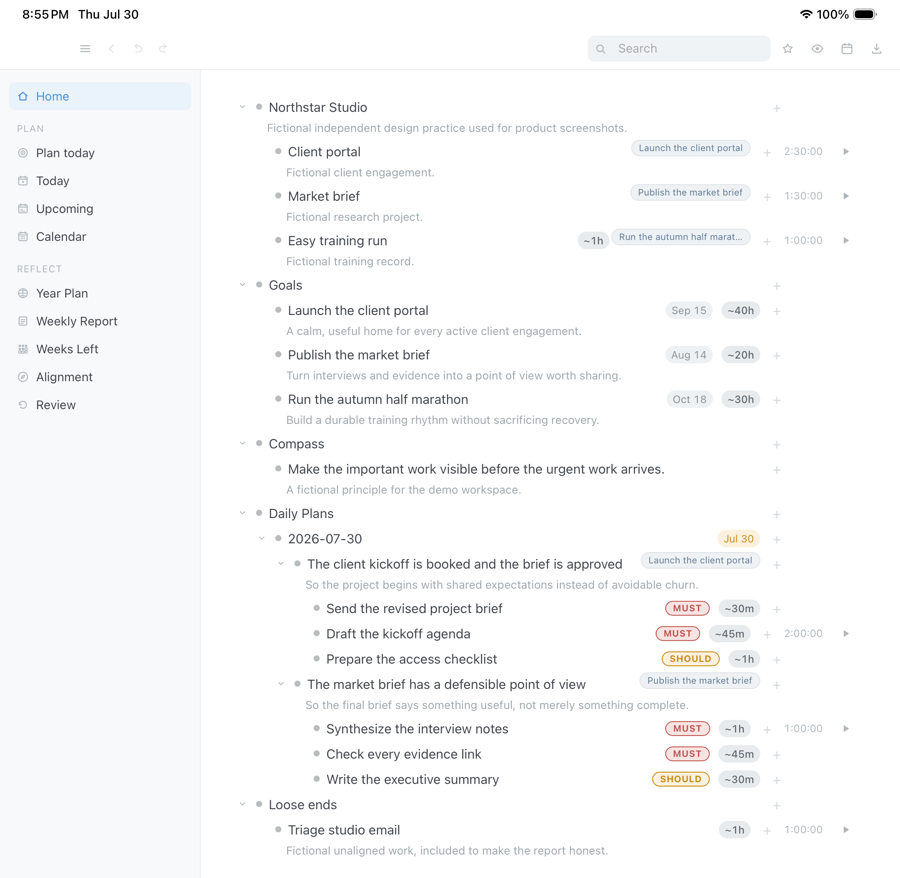 DayPrivate outline with two fictional daily outcomes, their actions, priorities, and time estimates